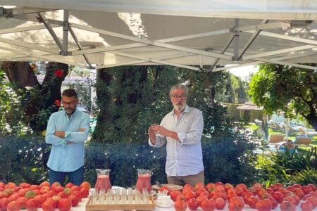 Two men promoting the wellness benefits of a table full of tomatoes.